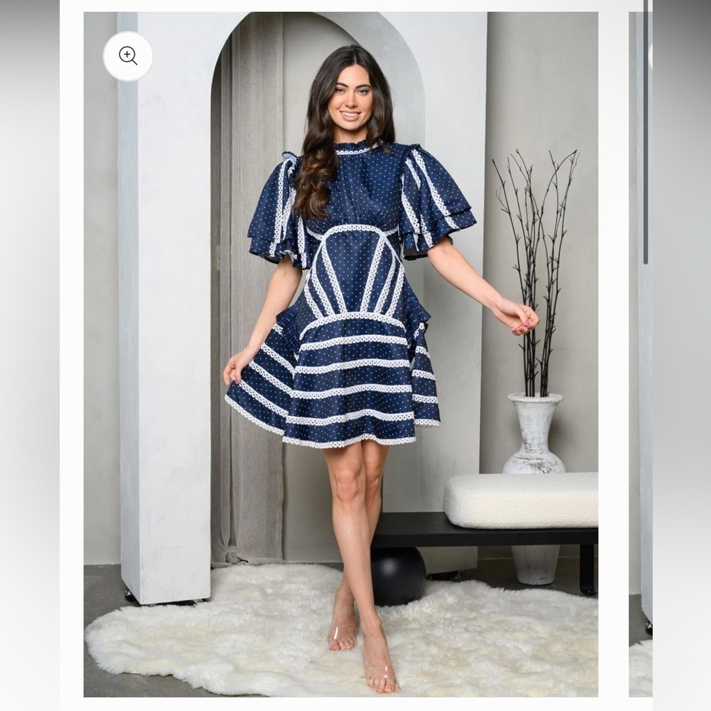 Navy Polka Dot Open Back Dress NWT